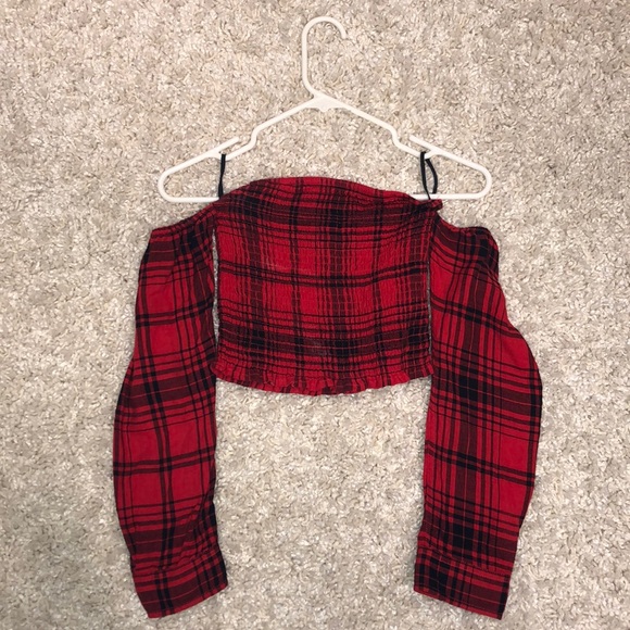 Flannel off the shoulder crop top - Picture 2 of 3